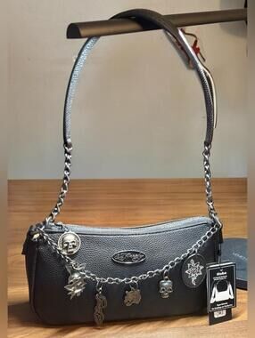 Ed Hardy Black Hobo Shoulder Bag Silver Charm Chain NWT